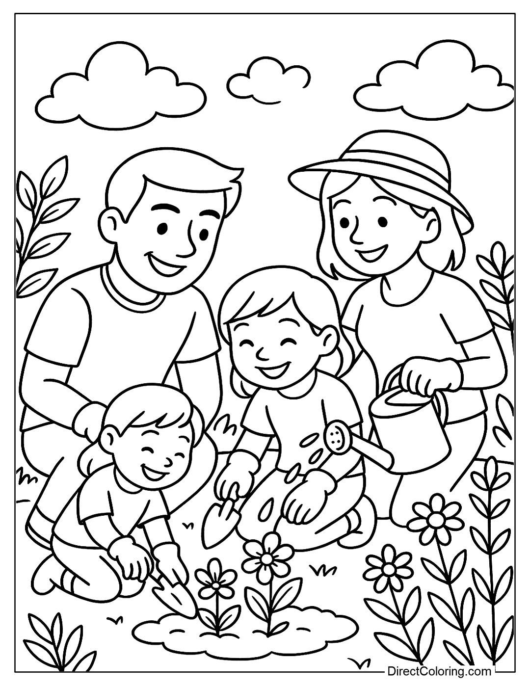 coloring page A family of people gardening together, planting flowers, watering and laughing